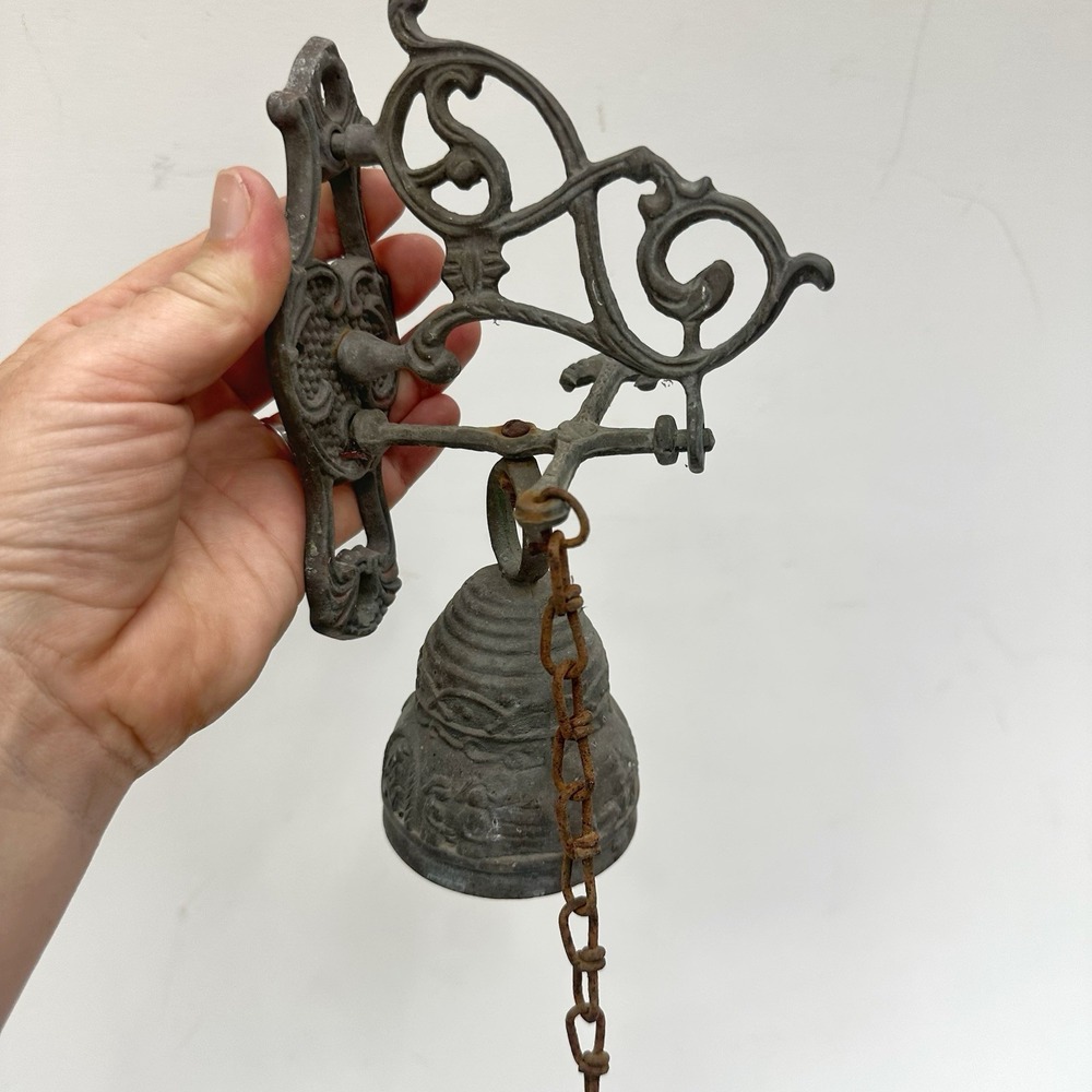 Vintage Brass Wall-Mounted Door Monastery Bell W/ Chain & Pull Handle Patina